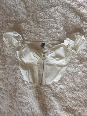 Windsor Cream Off-Shoulder Corset Crop Top with Puff Sleeves